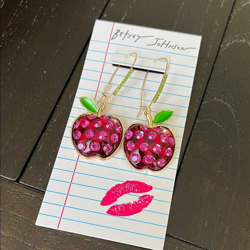 Betsey Johnson Pink Crystal Apple Earrings - Picture 1 of 4